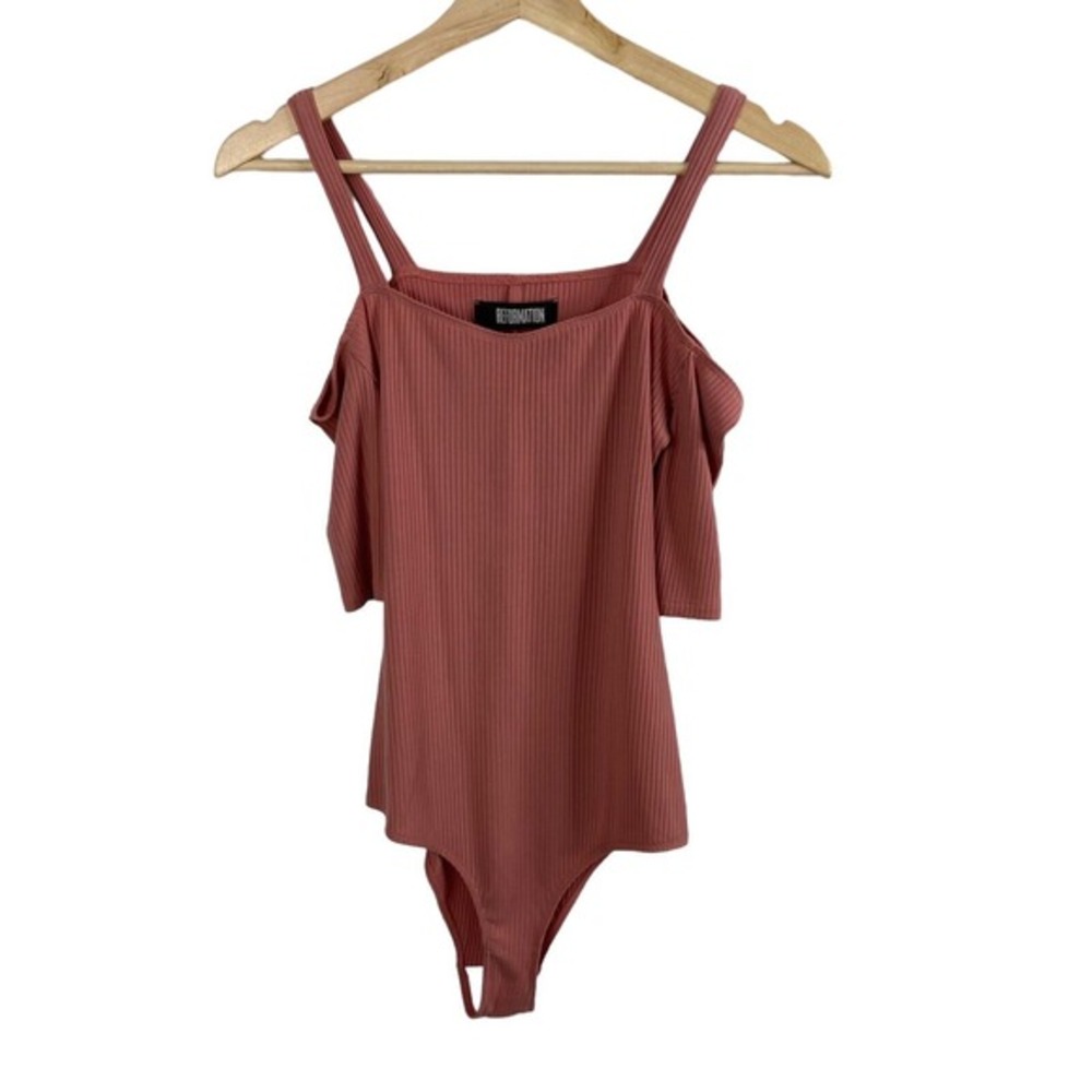 Reformation Alessa Pink Ribbed Knit Bodysuit Small could‎ shoulder short sleeve